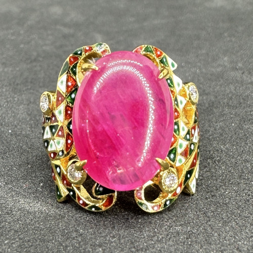 แหวน ทับทิม พม่า หลังเบี้ย ทองลงยา ฝังเพชร 4 เม็ด 0.12 กะรัต ทอง18K ขนาด 52 พร้อม Cert. นน. 9.10 g