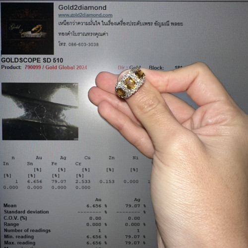 แหวน บุษราคัม เจียร 3 เม็ด ล้อมเพชรเกสร 28/0.70 กะรัต งานทองขาวโบราณ(ปาหะ) ขนาด 55 นน. 4.15 g 5