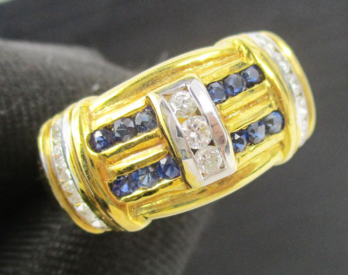 แหวน ไพลิน เจียร ฝังเพชรแถว 13 เม็ด 0.27 กะรัต ทอง18K งานเก่า หลุดจำนำ สวยมาก นน. 8.18 g