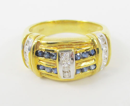 แหวน ไพลิน เจียร ฝังเพชรแถว 13 เม็ด 0.27 กะรัต ทอง18K งานเก่า หลุดจำนำ สวยมาก นน. 8.18 g 1