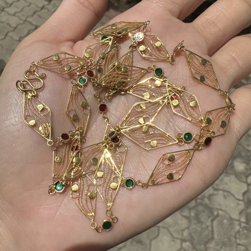 สร้อยคอ ทองลงยา ลายข้าวหลามตัด ฉลุลาย ทอง90 ความยาว 27 นิ้ว สวมหัวได้ นน. 11.04 g 2
