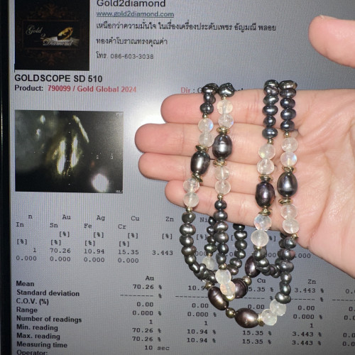 สร้อยคอ มุก 4.8 - 7.9 มิล คั่นเม็ดทอง ทอง18K ความยาว 35 นิ้ว สวมหัว ไม่มีตะขอ นน. 45.50 g 4