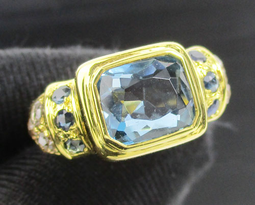 แหวน บลูโทพาส บ่าข้าง ไพลิน เจียร ฝังเพชรซีกลูกโลก ทอง90 งานสวยมาก นน. 4.61 g