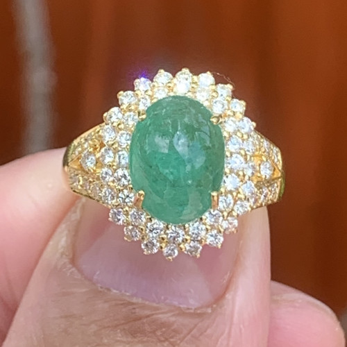 แหวน มรกต แซมเบีย ล้อมเพชร 2 ชั้น 58 เม็ด 0.87 กะรัต ทอง18K ขนาด 53 พร้อม Cert. นน. 6.36 g