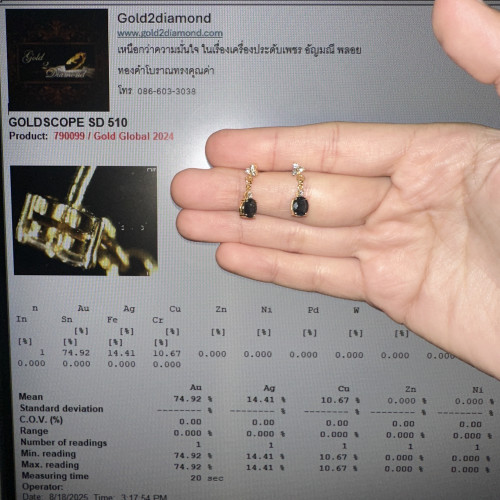 ต่างหู ไพลิน กาญจนบุรี ตุ้งติ้ง ฝังเพชร 8 เม็ด 0.16 กะรัต ทอง18K น่ารักมาก นน. 3.06 g 5