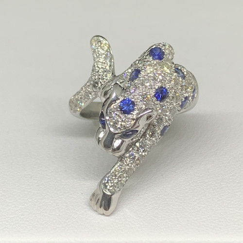 แหวน เสือ ฝังไพลิน เพชร 55 เม็ด 0.55 กะรัต ทอง18K ขนาด 50 นน. 7.04 g