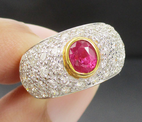 แหวน ทับทิม พม่า ฝังเพชร 5 แถว 50 เม็ด 1.00 กะรัต ทอง18K งานสวยมาก นน. 7.94 g