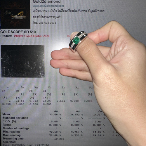แหวน มรกต โคลัมเบีย ฝังเพชร 10 เม็ด 0.30 กะรัต ทองคำขาว18K ขนาด 58.5 นน. 8.70 g 6