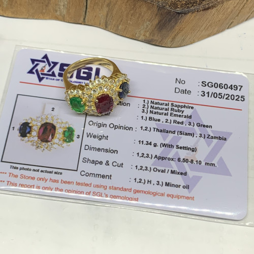 แหวน ทับทิม สยาม มรกต ไพลิน ฝังเพชร 41/1.23 ct บ่าข้าง 16/0.16 ct ทอง90 ขนาด 48.5 พร้อม Cert. นน. 11 6