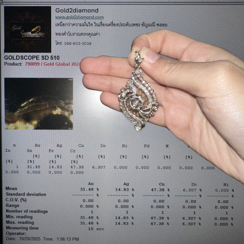 จี้ เพชรโบราณ 1 เม็ด 0.16 กะรัต ฝังเพชร 20/0.20 ct เพชรกุหลาบ 57/0.33 ct ทองK 2 สี (ทอง 31.48%) นน. 4