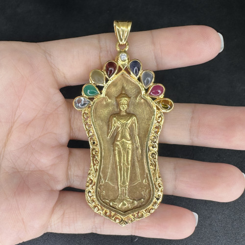 พระปางห้ามญาติ พระประจำวันจันทร์ เนื้อทองคำ ฝังพลอยนพเก้า เพชร 1/0.05 ct ทอง90 นน. 10.26 g 3