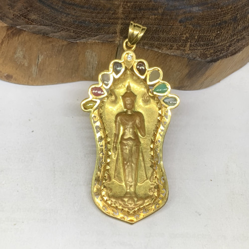 พระปางห้ามญาติ พระประจำวันจันทร์ เนื้อทองคำ ฝังพลอยนพเก้า เพชร 1/0.05 ct ทอง90 นน. 10.26 g 1