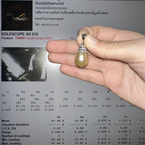 จี้ มุก South sea สีทอง 14 มิล ฝังเพชร 21 เม็ด 0.35 กะรัต ทองK (ทอง67.44%) นน. 7.74 g 4