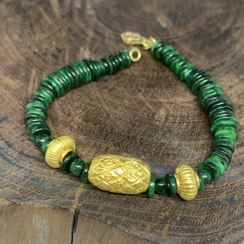 สร้อยข้อมือ หยก พม่า รอบเส้น คั่นเม็ดทอง งานครั่ง สายทอง18K ข้อมือ 18.50 ซม. ใส่ได้ พร้อม Cert. นน. 
