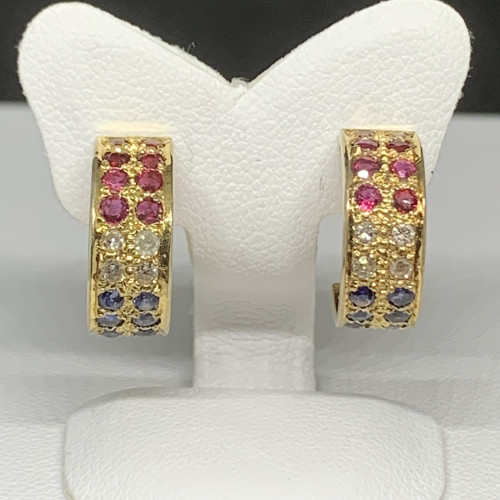 ต่างหู ทับทิม ไพลิน ฝังเพชร 8 เม็ด 0.08 กะรัต ทอง9K นน. 3.54 g