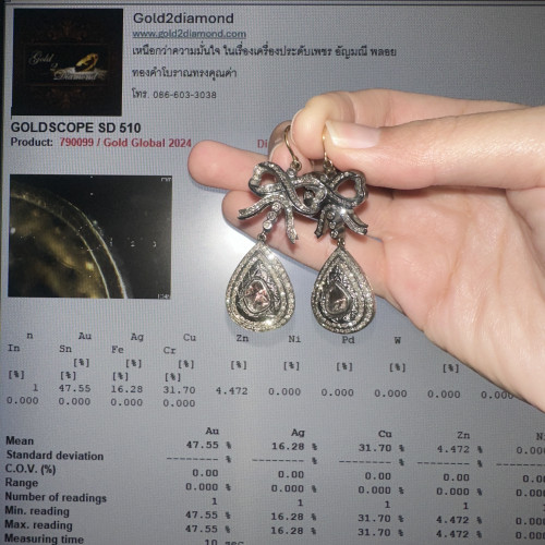 ต่างหู ห่วงเพชร ตุ้งติ้ง ฝังเพชรกุหลาบ 256 เม็ด 2.90 กะรัต ทองK 2 สี (ทอง47.55%) นน. 13.90 g 5