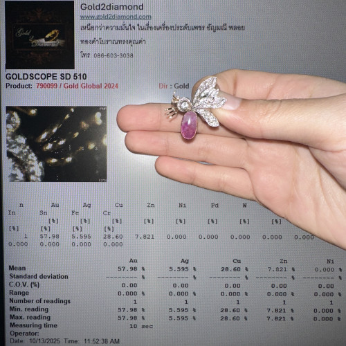 เข็มกลัด ผึ้ง ทับทิม พม่า กิมบ่อเซี่ยง ฝังเพชร 49 เม็ด 0.60 กะรัต ทอง14K + งานทองขาวโบราณ (ปาหะ) นน. 4