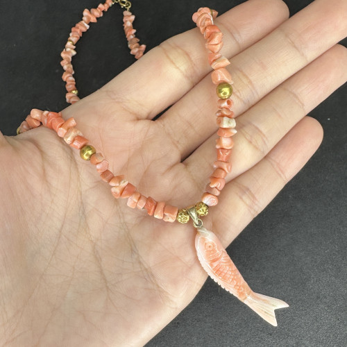 สร้อยคอ ปะการัง (Corol) สีโอลด์โรส คั่นเม็ดทอง รอบเส้น ตะขอทอง18K ความยาว 19 นิ้ว ร้อยด้วยเอ็น นน. 1 3
