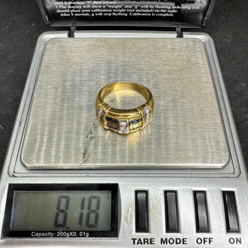 แหวน ไพลิน เจียร ฝังเพชรแถว 13 เม็ด 0.27 กะรัต ทอง18K งานเก่า หลุดจำนำ สวยมาก นน. 8.18 g 9