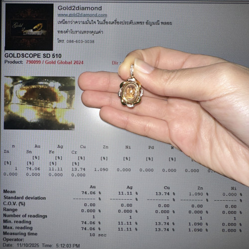 พระพิฆเนศวร ลอยองค์ เนื้อทองคำ กรอบทอง ฝังเพชร 15 เม็ด 0.10 กะรัต ทอง75% นน. 4.92 g 4
