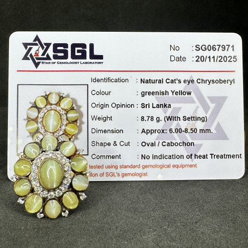 แหวน ไพฑูรย์ ตาแมว ซีลอน ฝังเพชร 26/0.75 ct ทอง18K ขนาด 56.5 พร้อม Cert. นน. 8.79 g 5