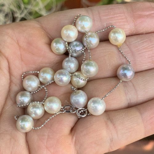 สร้อยคอ มุก ญี่ปุ่น หลากสี 7.8 - 8.2 มิล รอบเส้น ทอง18K ความยาว 18 นิ้ว พร้อม Cert. นน. 17.15 g