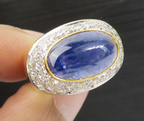 แหวน ไพลิน กาญจนบุรี หลังเบี้ย ฝังเพชร 34 เม็ด 1.05 กะรัต ทอง90 ไพลินสีสวยมาก นน. 9.62 g