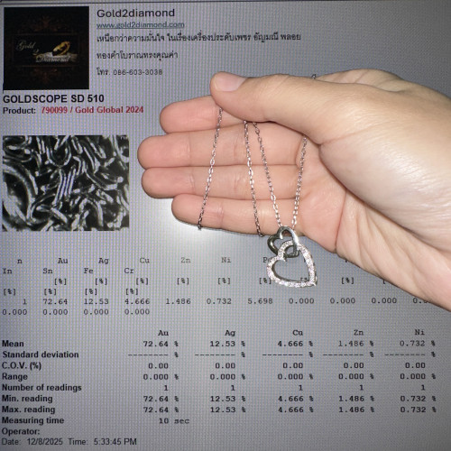 สร้อยคอ อิตาลี750 ทอง18K + จี้ หัวใจ ฝังเพชร 25/0.25 ct ทอง18Kขาว ยาว 17 นิ้ว นน. 9.65 g 4