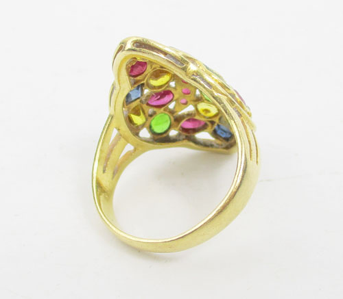 แหวน พลอยหลายสี เจียร แฟนซี ฉลุลาย ทรงมาคีย์ ทอง90 งานสวยมาก นน. 5.84 g 2