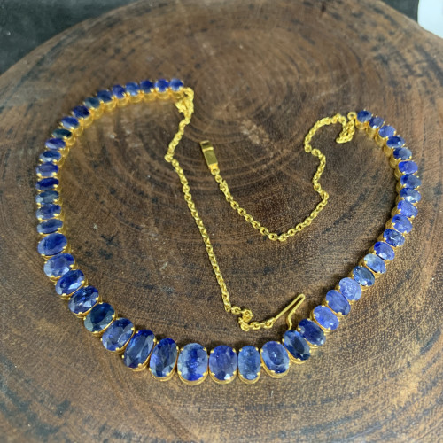 สร้อยคอ ไพลิน พม่า ดิบ (Unheat) 48 เม็ด 28.00 กะรัต ทอง18K ความยาว 17 นิ้ว พร้อม Cert. นน. 19.61 g