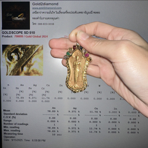 พระปางห้ามญาติ พระประจำวันจันทร์ เนื้อทองคำ ฝังพลอยนพเก้า เพชร 1/0.05 ct ทอง90 นน. 10.26 g 4