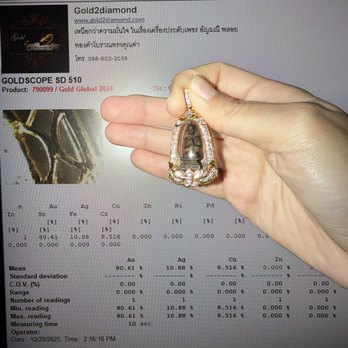 รูปหล่อ พระอานนท์ วัดชลอบางกรวย นนทบุรี เนื้อทองแดง กรอบทอง ฝังเพชร 43 เม็ด 0.90 กะรัต นน. 18.46 g 4