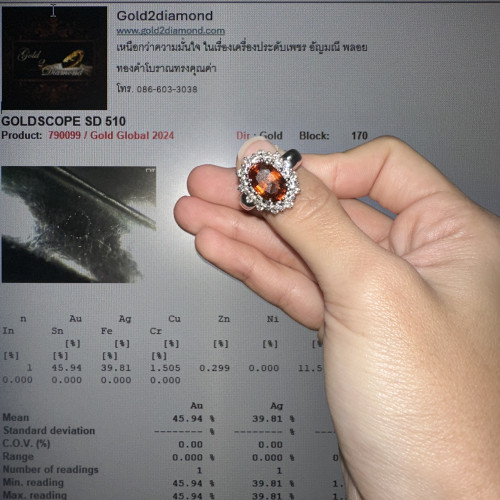 แหวน บุษราคัม ซีลอน 3.50 กะรัต ล้อมเพชร 24 เม็ด 1.32 กะรัต ทอง11K ขนาด 59.5 พร้อม Cert. นน. 8.04 g 6