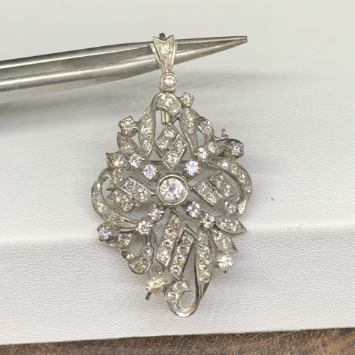 จี้ + เข็มกลัด เพชรโบราณ เพชร 1/0.20 ct ฝังเพชรกุหลาบ 69/0.89 ct งานทองขาวโบราณ(ปาหะ) นน. 7.45 g