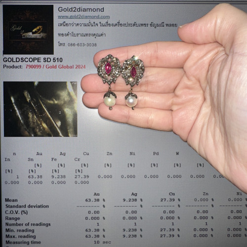 ต่างหู ทับทิม พม่า มุก ตุ้งติ้ง ฝังเพชรกุหลาบ 112 เม็ด 0.75 กะรัต ทองK 2 สี (ทอง63.38%) พร้อม Cert. 6