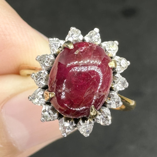 แหวน ทับทิม หลังเบี้ย ล้อมเพชรกุหลาบ 14 เม็ด 0.14 กะรัต ทองK 2 สี งานสวยมาก นน. 3.78 g