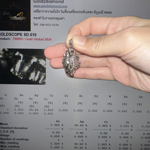 จี้ เพชรโบราณ เพชร 1/0.10 ct ฝังเพชรกุหลาบ 56/0.56 ct งานทองขาวโบราณ(ปาหะ) นน. 3.49 g 4
