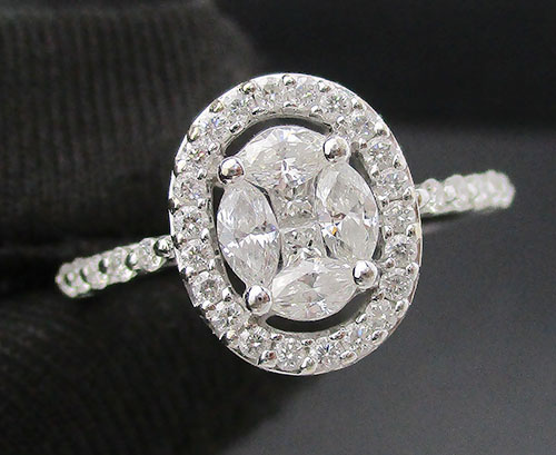 แหวน เพชรประกบ 6 เม็ด 0.24 ฝังเพชร 32 เม็ด 0.32 กะรัต ทอง18Kขาว งานสวยมาก นน. 2.80 g