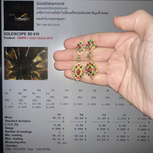 ต่างหู 3 สี ทับทิม มรกต เพชรซีก ตุ้งติ้ง ทอง90 นน. 7.75 g 5