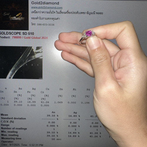 แหวน ทับทิม พม่า เพชรกุหลาบ 6 เม็ด 0.12 กะรัต ทอง9K ขนาด 48.5 นน. 1.92 g 5