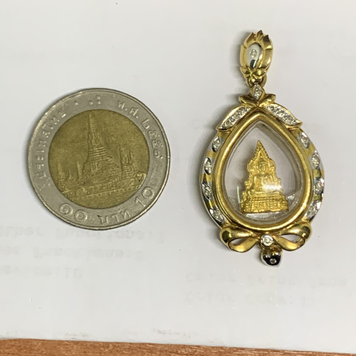 พระพุทธชินราช เนื้อทองคำ กรอบทอง18K ฝังเพชร 18 เม็ด 0.18 กะรัต นน. 9.00 g 2