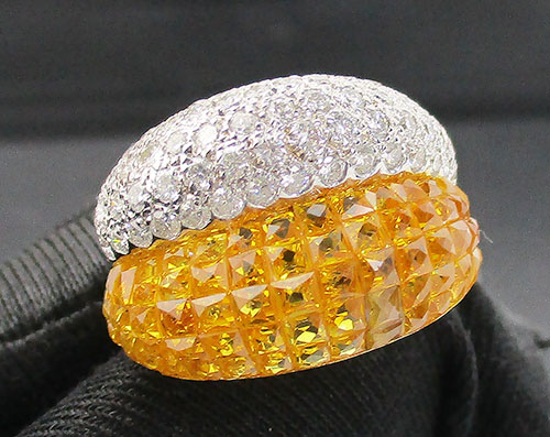 แหวน บุษราคัม Princess ฝังเพชร 65 เม็ด 1.00 กะรัต ทอง18K งานสวยมาก นน. 7.88 g