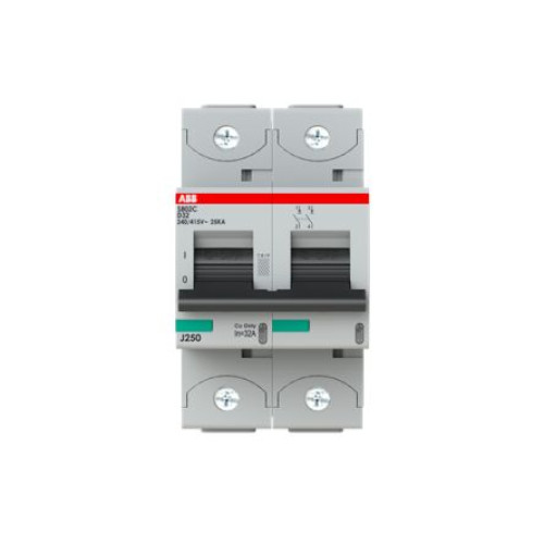 2CCS882001R0321 : ABB S802C Miniature Circuit Breaker, 2-Pole, 32A, Type D, 415V ac AC, 25 kA Breaki