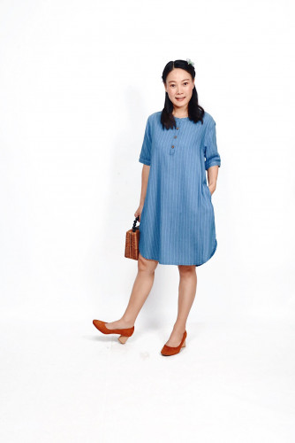 ชุดกระโปรง ยีนส์ริ้วแขนสั้น AJ-18067 1