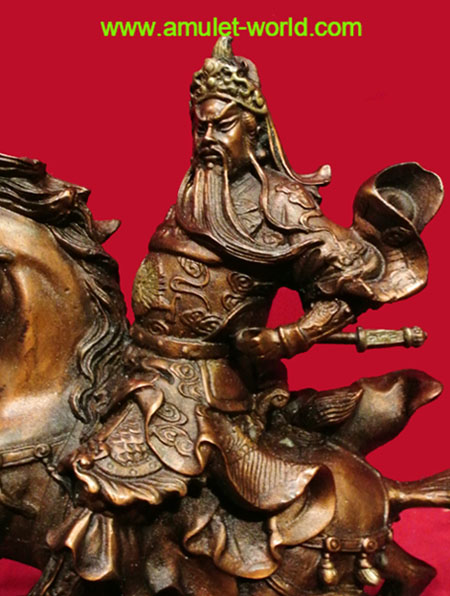 เทพเจ้ากวนอู ขี่ม้าศึก รุ่นชนะศึก ทำพิธีและนำเข้าจากจีน เนื้อสัตตะโลหะ รมน้ำตาลแดง 1