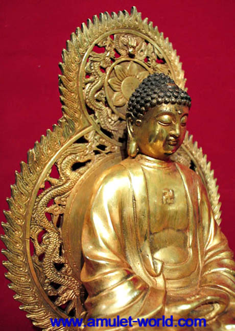 พระพุทธธิเบต ประทับนั่งบนบัลลังก์ซุ้ม เนื้อสัตตะโลหะกะไหล่ทอง สวย 2