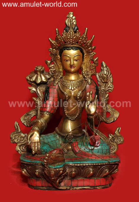 พระโพธิสัตว์อวโลกิเตศวร หน้าตัก 4.5 นิ้ว เนื้อสัตตะโลหะปิดทับด้วยหินเทอร์ควอยซ์ และหินปะการังแดง ทำพ