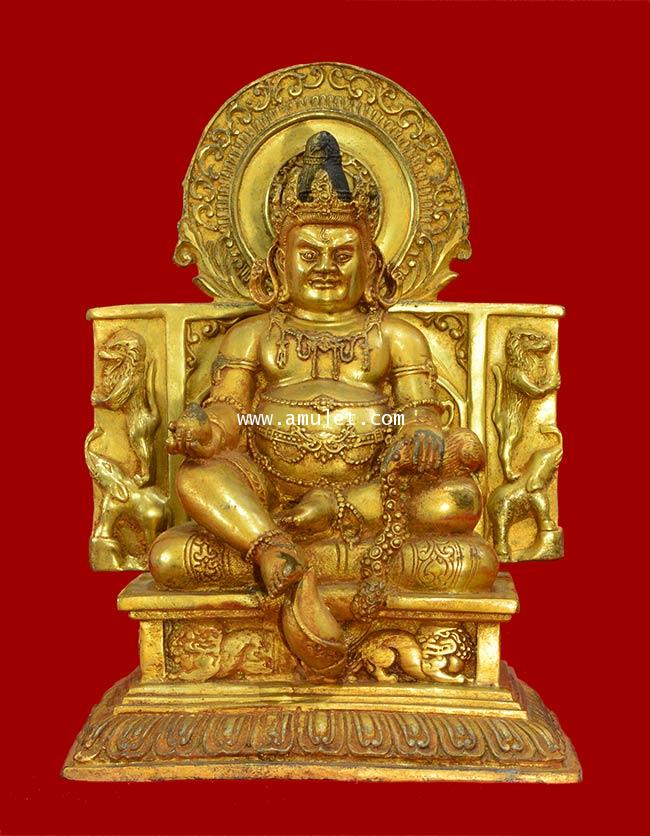 เทพเจ้าไฉ่เซ้งธิเบตสี ประทับนั่งบนบังลังค์สิงห์ เนื้อกะไหล่ทอง สูง 11 นิ้ว