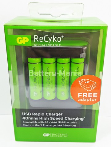 ถ่านชาร์จ GP recyko AA 2600 mAh แพ็ค 4 ก้อน แถมฟรีเครื่องชาร์จเร็ว USB U421 และ USB Wall Charge 2.1A 1