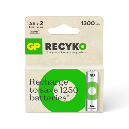 ถ่านชาร์จ GP recyko ขนาด AA 1300 mAh แพ็ค 2 ก้อน แพคเกจใหม่ล่าสุด ออกใบกำกับภาษีได้